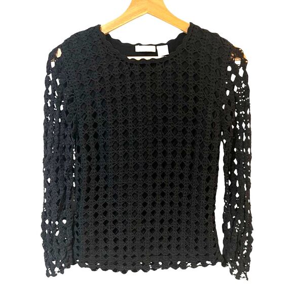 Vintage Marshall Fields Black Crochet Open Knit Top MEDIUM Y2K Whimsigoth Grunge - Picture 1 of 7